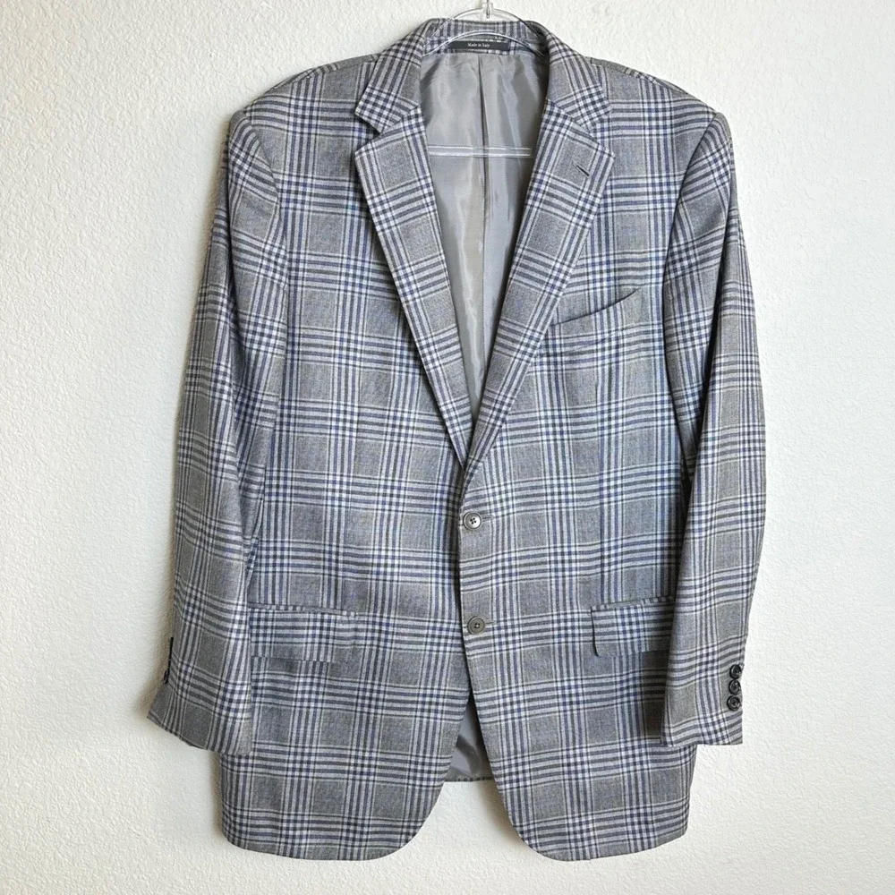 Ermenegildo Zegna Cashmere Silk Sport Coat Grey Blue Plaid Blazer Italy 44R US